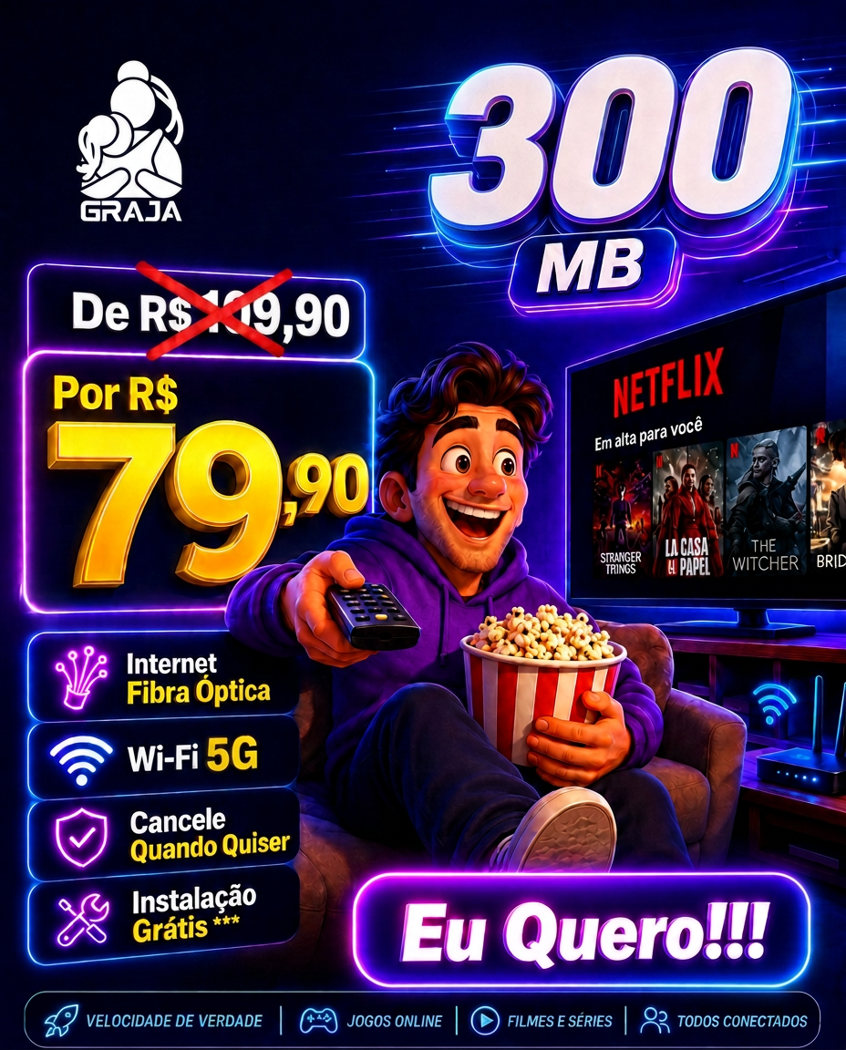 Plano de 300 Mega por R$ 79,90 (de R$ 109,90) com Wi-Fi 5G e instalação grátis